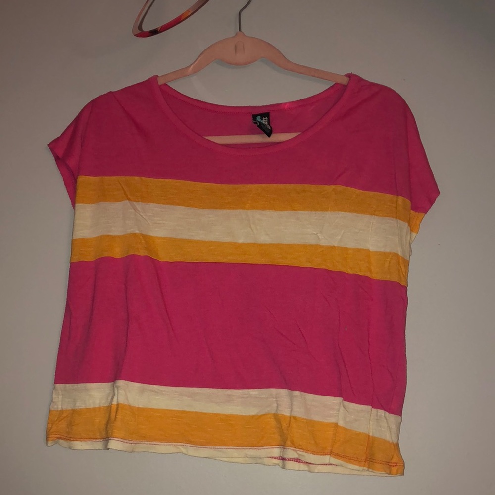 Pink yellow and white striped crop top